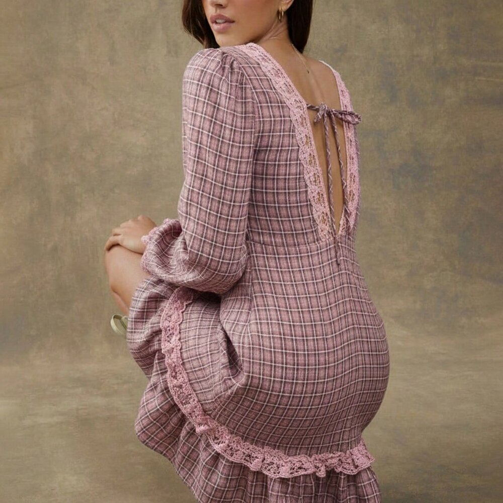 Baby Pink Elegant Women's Boho Embroidered Plaid Mini Dress - Picture 2 of 6